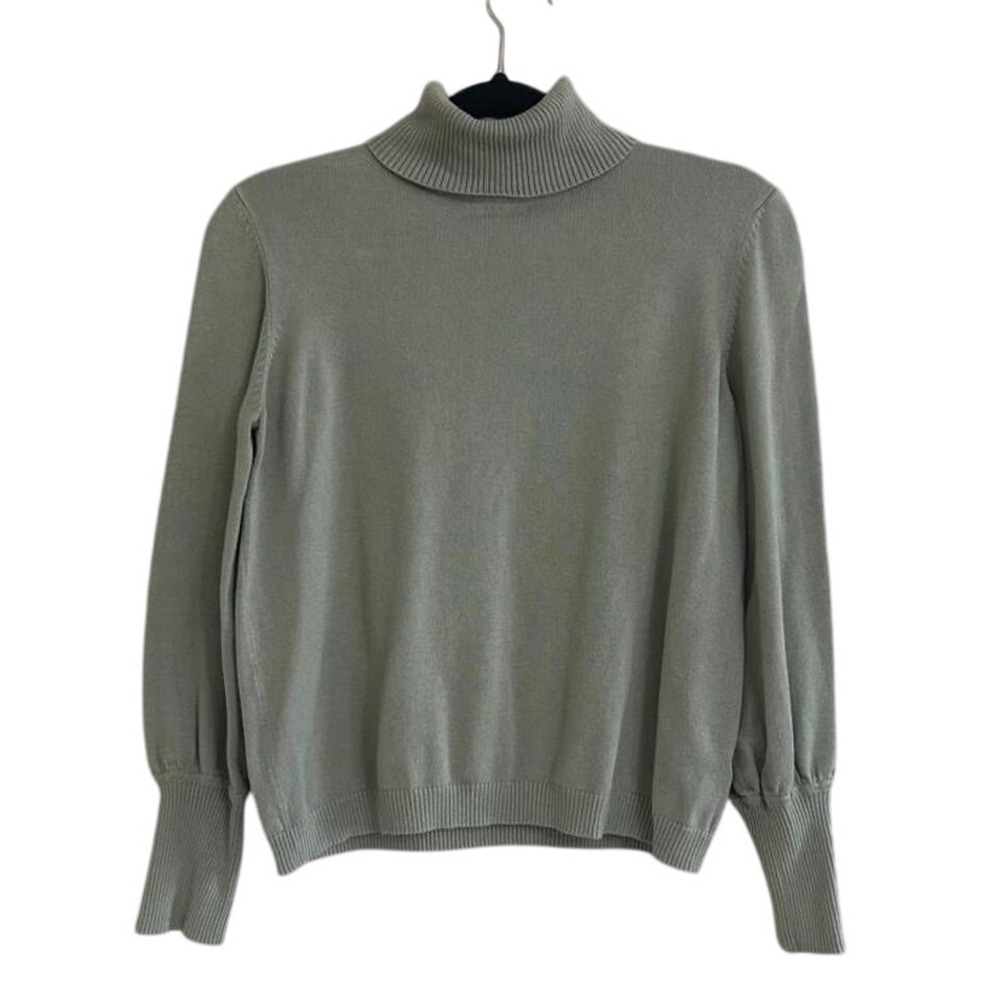 Sage Green Turtleneck Sweater‎ Women Large Puff Shoulder Ribbed